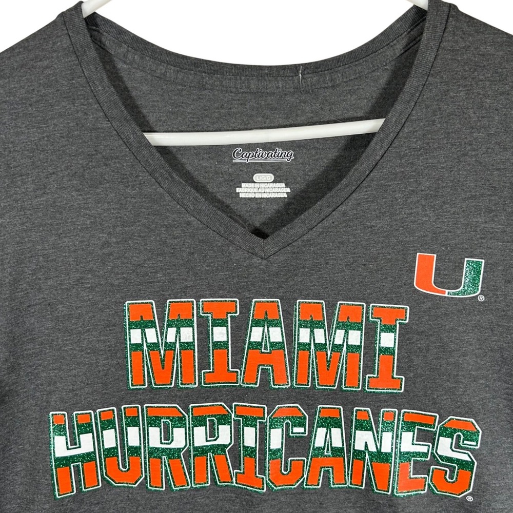 Captivating Miami Hurricanes V-Neck T-Shirt Womens L Grey Glitter Graphic Tee